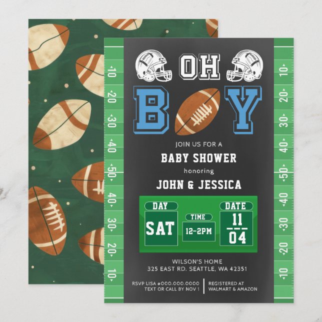 Convites Chá de fraldas de futebol do Super Bowl Boy (Frente/Verso)