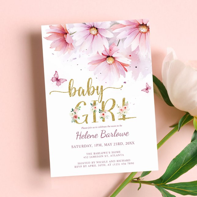 Convites Chá de fraldas de Garota Botânica Dourada Rosa Flo (Floral Pink Gold Botanical Girl Baby Shower Invitation)
