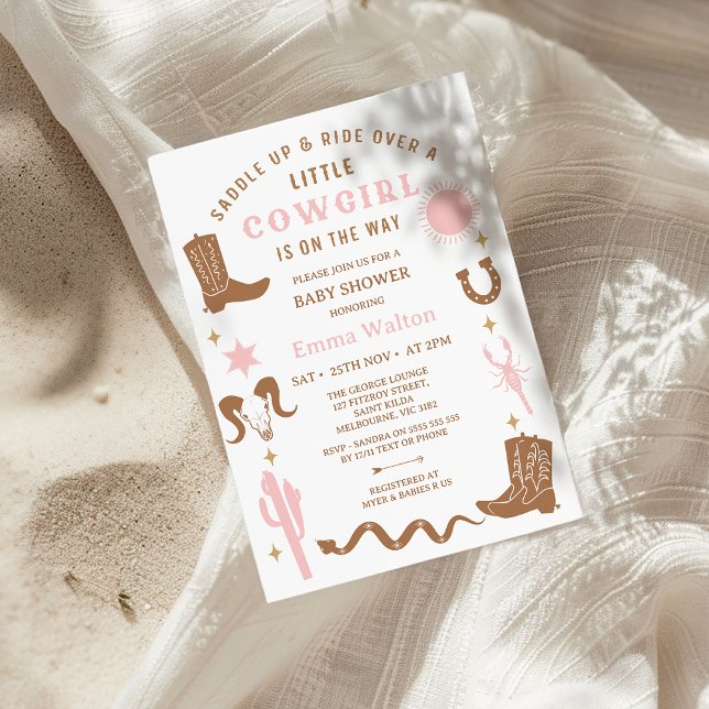 Convites Chá de fraldas de Garota Castanho-Rosa Moderno (Little Cowgirl Baby Shower Invitation, Western baby Shower Invitation Girl, Western, Southern, Wild )