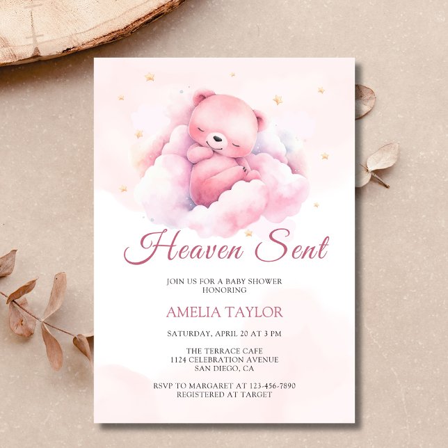 Convites Chá de fraldas de Garota Celestial de Urso Rosa co (A "Heaven Sent" girl's baby shower invitation featuring a pink bear on a cloud)