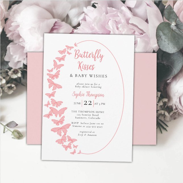 Convites Chá de fraldas de Garota Chic Boho Rosa (butterfly kisses baby girl shower invitation whimsical coral pink butterflies boho chic watercolor )