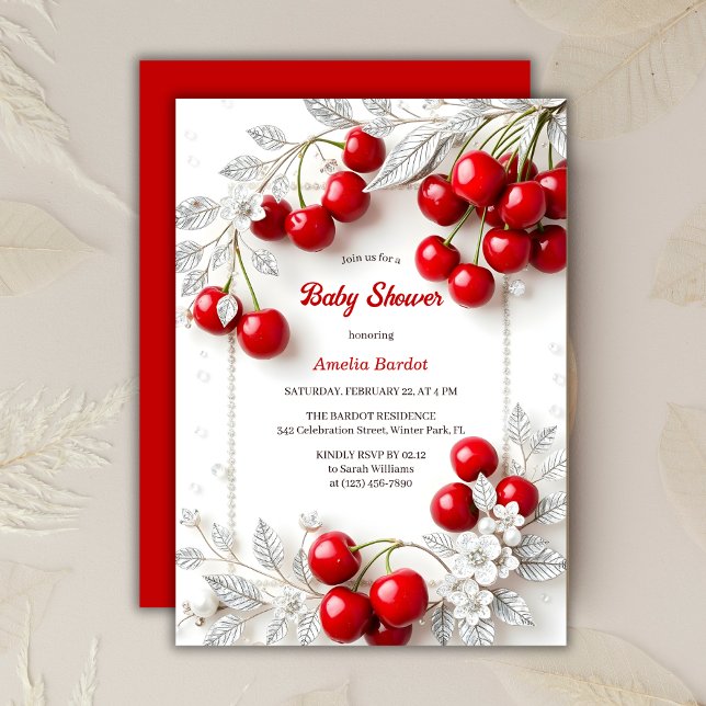 Convites Chá de fraldas de Garota Chic Red Cherry Themed (Chic Red Cherry Themed Girl Baby Shower Invitation)