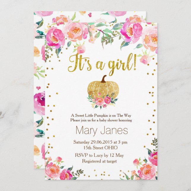 Convites Chá de fraldas de Garota de Abóbora de Água (Frente/Verso)