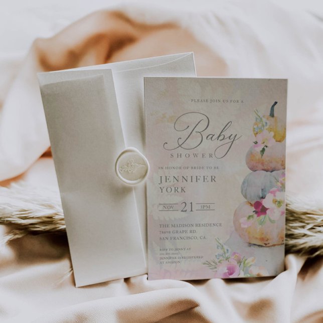 Convites Chá de fraldas de Garota de Abóbora de Aquarela (Criador carregado)