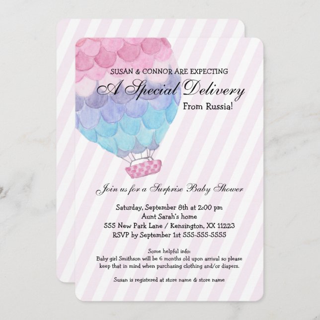 Convites Chá de fraldas de Garota de Adoção, balão de ar qu (Frente/Verso)