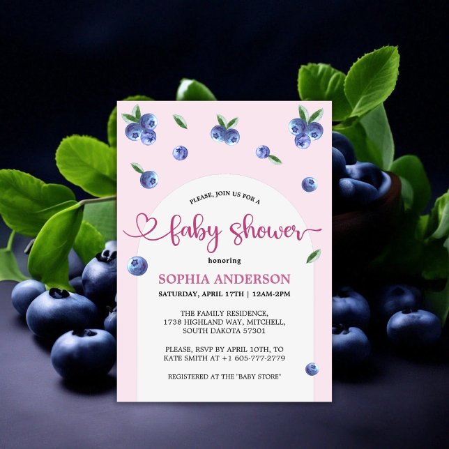 Convites Chá de fraldas de Garota de Água Doce de Blueberry (Blueberry Sweet Watercolor Girl Baby Shower Invitation)