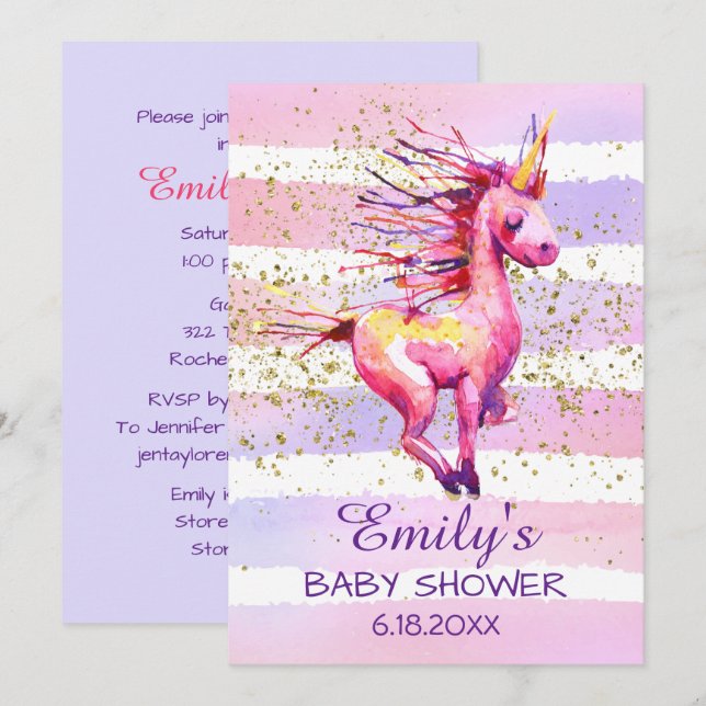 Convites Chá de fraldas de Garota de Água Magica do Unicórn (Frente/Verso)