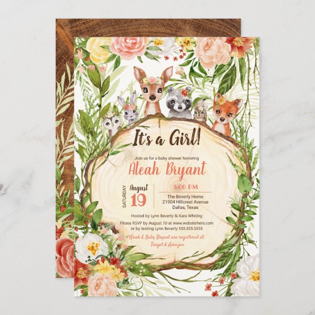 Convites Chá de fraldas de Garota de Animais da Floresta Wo (Frente/Verso)