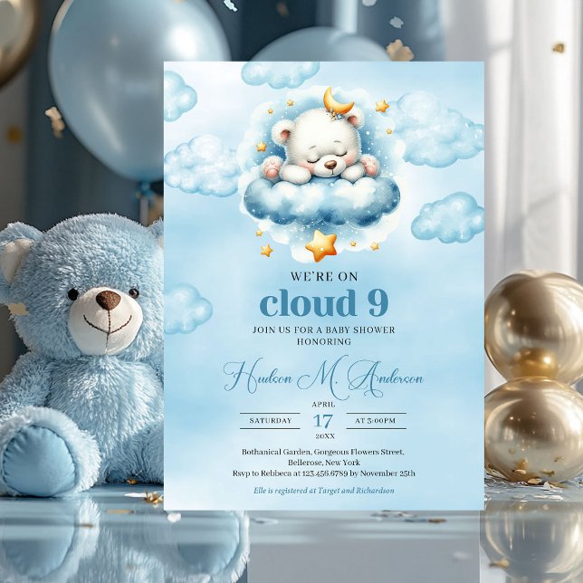 Convites Chá de fraldas de Garota de Névoa Trendy (we're on cloud nine - sleeping teddy bear boy baby shower invitation)