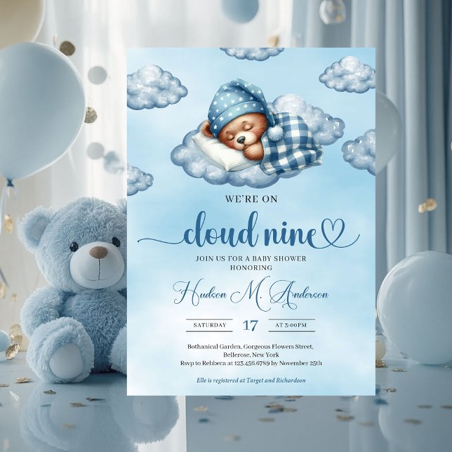 Convites Chá de fraldas de Garota de Névoa Trendy (cloud nine sleeping teddy bear boy baby shower invitation)
