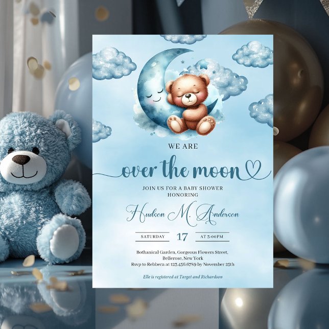 Convites Chá de fraldas de Garota de Névoa Trendy (we are over the moon boy baby shower invitation)