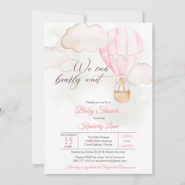 Convites Chá de fraldas de Garota do Balão de Ar Quente do  (Frente)