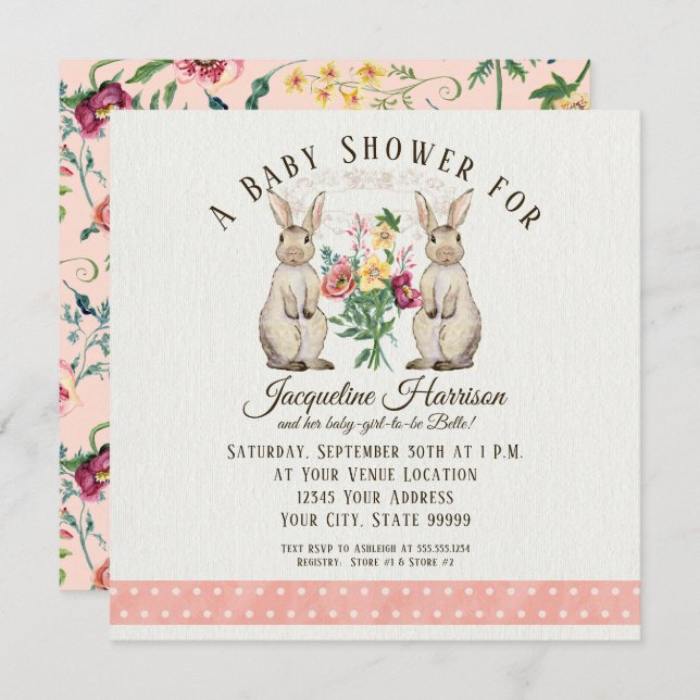 Convites Chá de fraldas de Garota do Coelho da Fada de Made (Frente/Verso)