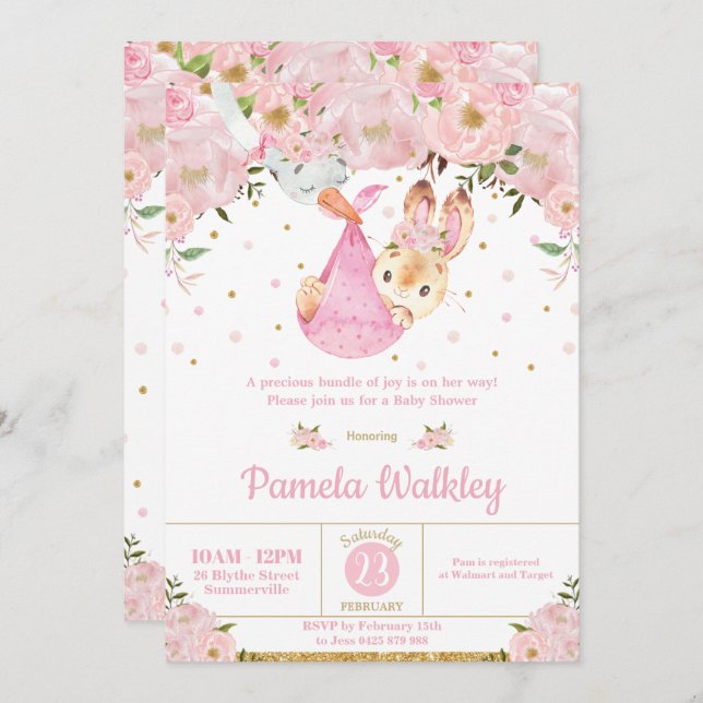 Convites Chá de fraldas de Garota do Pacote Bunny Storny Fl (Frente/Verso)