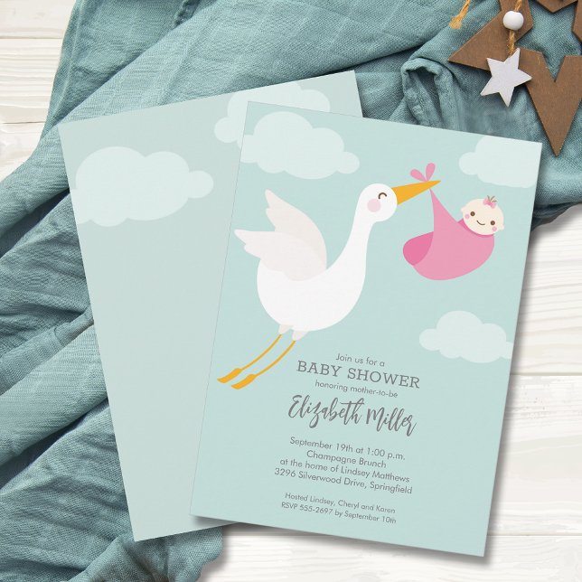 Convites Chá de fraldas de Garota-do-Pacote Rosa-Rosa-Bonit (Cute Pink Bundle Stork Girl Baby Shower Invitations, PRINTED and/or INSTANT DOWNLOAD)