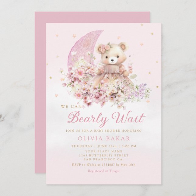 Convites Chá de fraldas de Garota do Urso de Névoa Floral W (Frente/Verso)