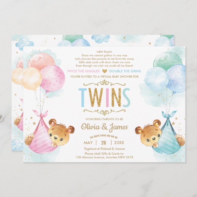 Convites Chá de fraldas de Garota do Urso de Teddy Bonito p (Frente/Verso)