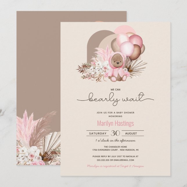 Convites Chá de fraldas de Garota do Urso Rosa-de-Orelha (Frente/Verso)