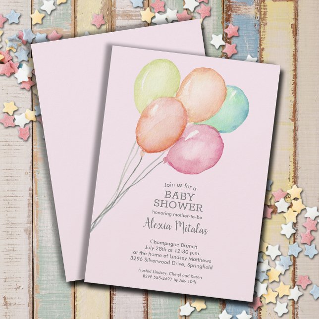 Convites Chá de fraldas de Garota dos Balões de Água (Watercolor balloons girl baby shower invitations, PRINTED and/or INSTANT DOWNLOAD)