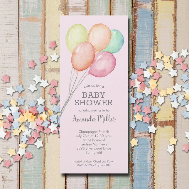 Convites Chá de fraldas de Garota dos Balões de Água (Watercolor balloons girl baby shower invitations, PRINTED and/or INSTANT DOWNLOAD)