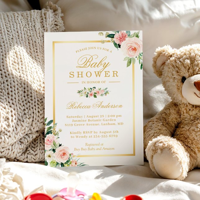 Convites Chá de fraldas de Garota Dourada Floral Rosa Paste (Criador carregado)