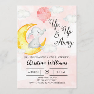 Convites Chá de fraldas De Garota Elefante Cor-De-Água Rosa