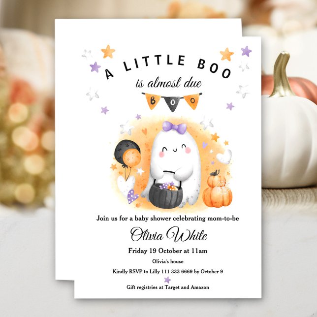 Convites Chá de fraldas de Garota Fantasma Laranja (Halloween Orange Little Boo Ghost Girl Baby Shower Invitation)