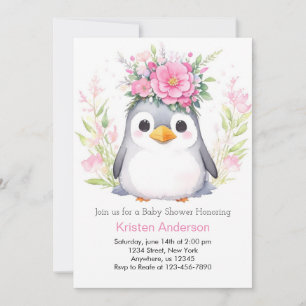 Convites Chá de fraldas de Garota Feliz Pinguim de Água