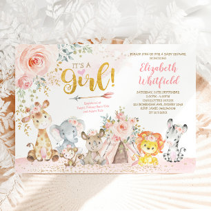 Convites Chá de fraldas de Garota Floral Boho Selgle Safar