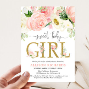 Convites Chá de fraldas de Garota Floral de ouro rosa-claro