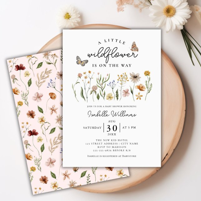 Convites Chá de fraldas de Garota Floral do Pequeno Vinho (Little Wildflower Boho Floral Girl Baby Shower Invitation)