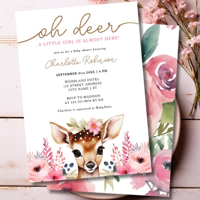 Convites Chá de fraldas De Garota Floral Dourada Pink-Vez (Woodland Deer Pink Gold Floral Girl Baby Shower Invitation)