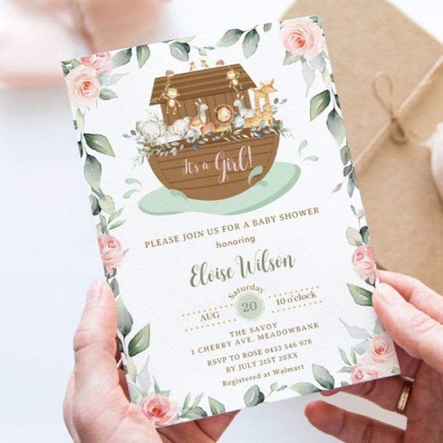 Convites Chá de fraldas de Garota Floral Rosa-Arca de Noé (zazzle-blush-pink-floral-flowers-greenery-noah's-ark-girl-baby-shower-invitation-card)