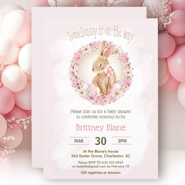 Convites Chá de fraldas de Garota Floral Rosa Elegante (Easter Bunny Elegant Pink Floral Girl Baby Shower Invitation)