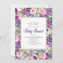 Convites Chá de fraldas de Garota Floral Rosa Púrpura