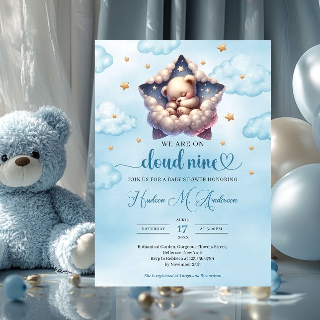 Convites Chá de fraldas de Garota Névoa de Nuvem (we are on cloud nine sleeping teddy bear boy baby shower invitation)