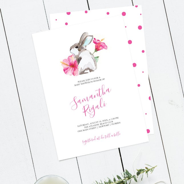 Convites Chá de fraldas de Garota Rosa Bonita (Watercolor bunny and pink flowers baby shower invitations art by Victoria Grigaliunas DoTellABelle)