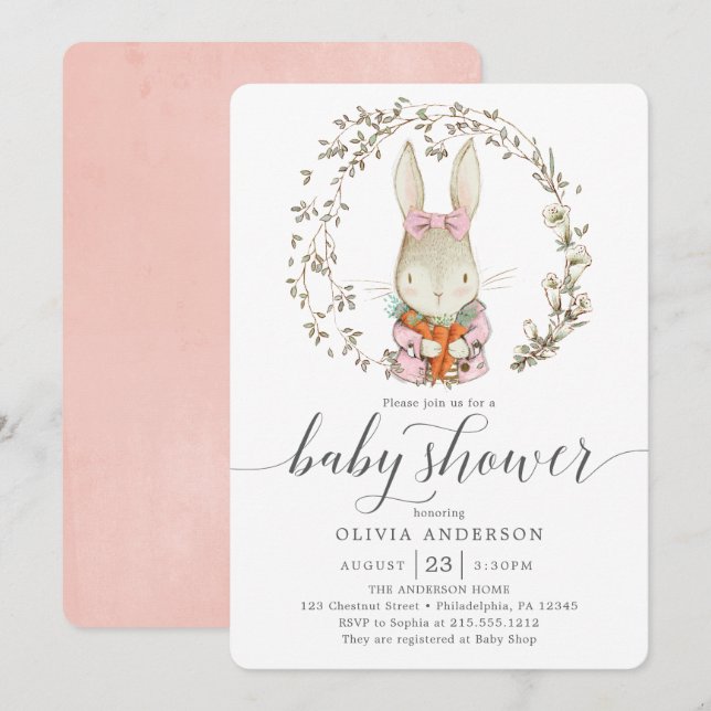 Convites Chá de fraldas de Garota Rosa Botânica do Coelho V (Frente/Verso)