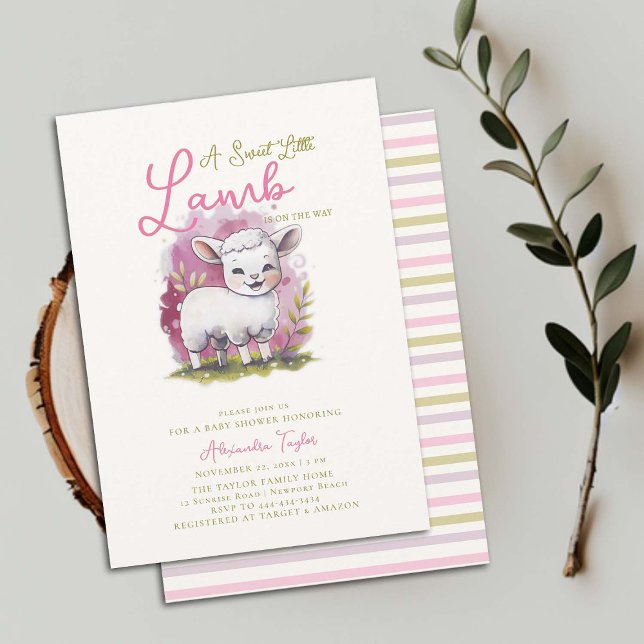 Convites Chá de fraldas De Garota Rosa Mágica E Bonita (happy sweet little lamb girl baby shower invitation whimsical cute watercolor illustration pink)