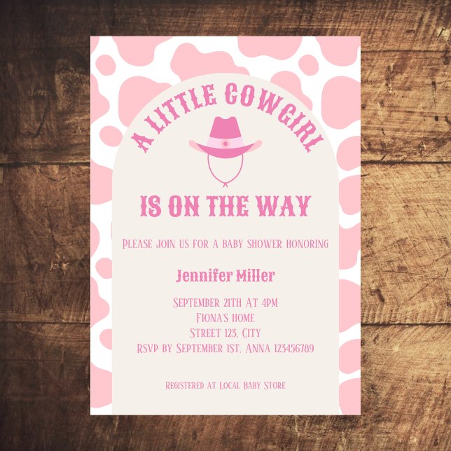 Convites Chá de fraldas de Garota Rosa Rodeo Ocidental (cowgirl western rodeo baby girl shower invitation cow print cowboy hat baby pink)