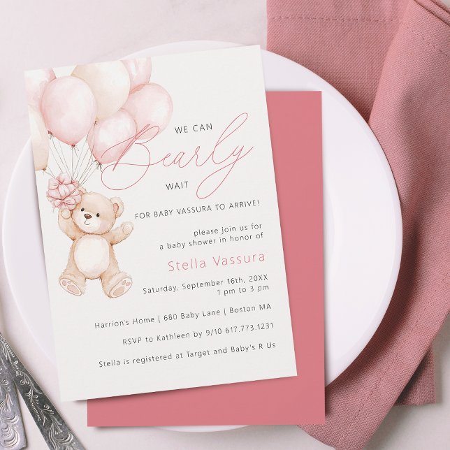 Convites Chá de fraldas de Garota Rosa-Rosa do Urso (Teddy Bear Pink Balloons Girl Baby Shower Invitation)