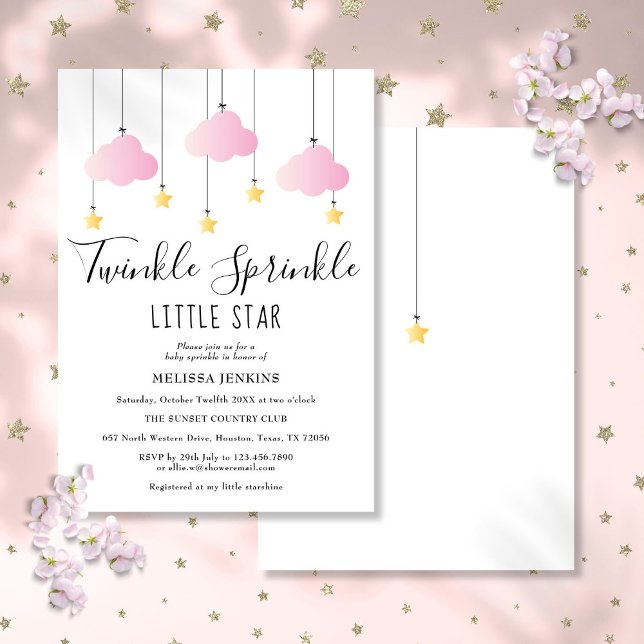 Convites Chá de fraldas de Garota Rosa-Rosa-Estrela-Brilhan (Twinkle Sprinkle Little Star Pink Girl Baby Shower Invitation)