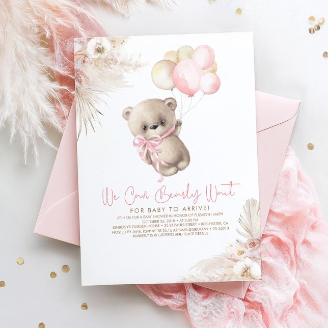 Convites Chá de fraldas de Garota Rosa Rosa Pink Pastel Urs (Teddy Bear Girl Baby Shower Invitations)