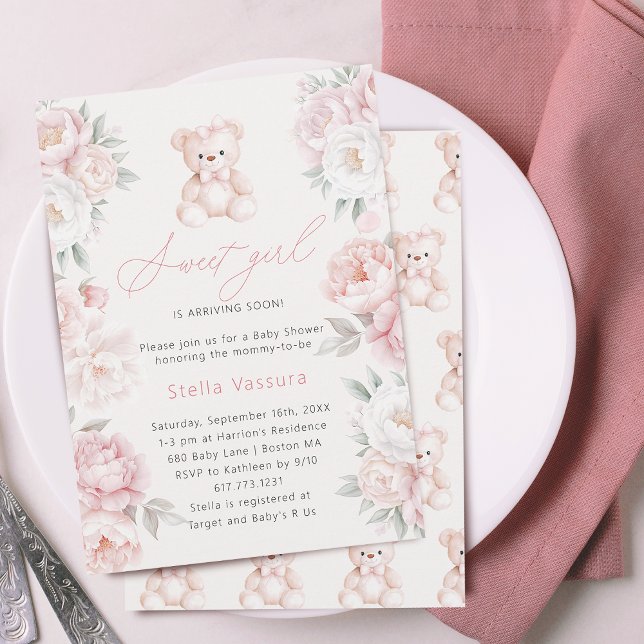 Convites Chá de fraldas de Garota Rosa-Rosa-Urso-Teddy (Teddy Bear Pink Flowers Girl Baby Shower Invitation)