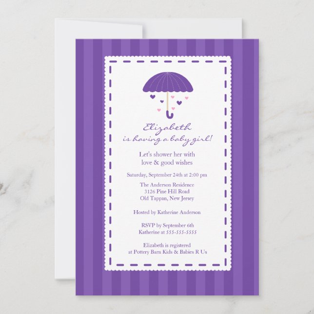 Convites Chá de fraldas de Garota Roxo (Frente)