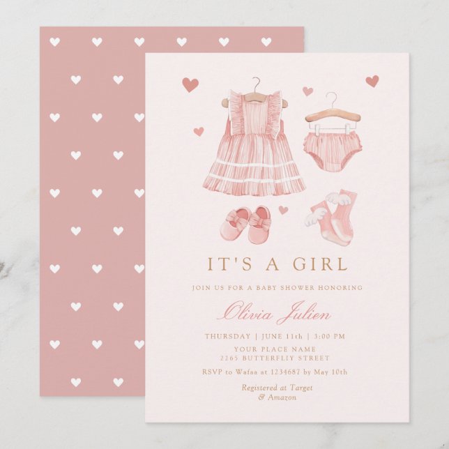 Convites Chá de fraldas de Garota Simples e Moderno (Frente/Verso)