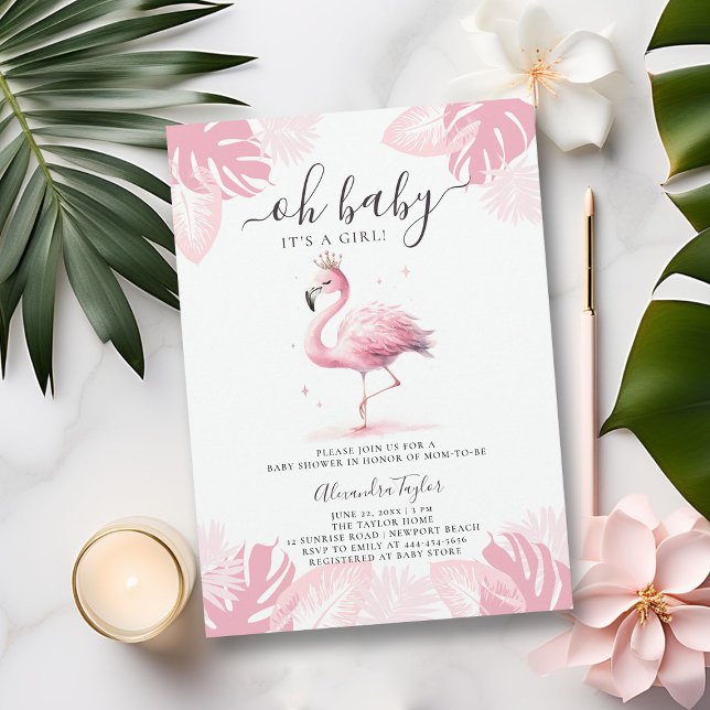 Convites Chá de fraldas De Garota Tropical Flamingo Tiara,  (so pink flamingo baby girl shower invitation cute watercolor tropical invite purple blush summmer)