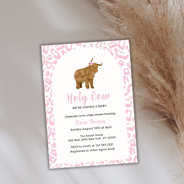 Convites Chá de fraldas de Garota-Vaca Rosa Santa (Pink Boho Holy Cow Highland Cow Girl Baby Shower Invitation)