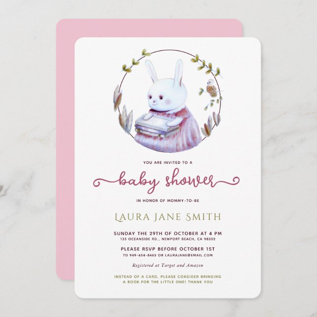 Convites Chá de fraldas de Garota Verde Rosa do Coelho da M (Frente/Verso)