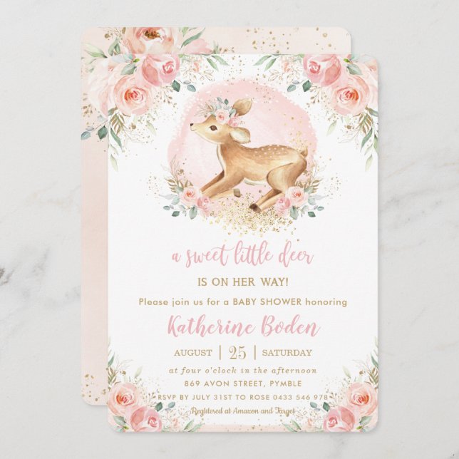 Convites Chá de fraldas De Garota-Vestida Rosa-Rosa-Chic (Frente/Verso)